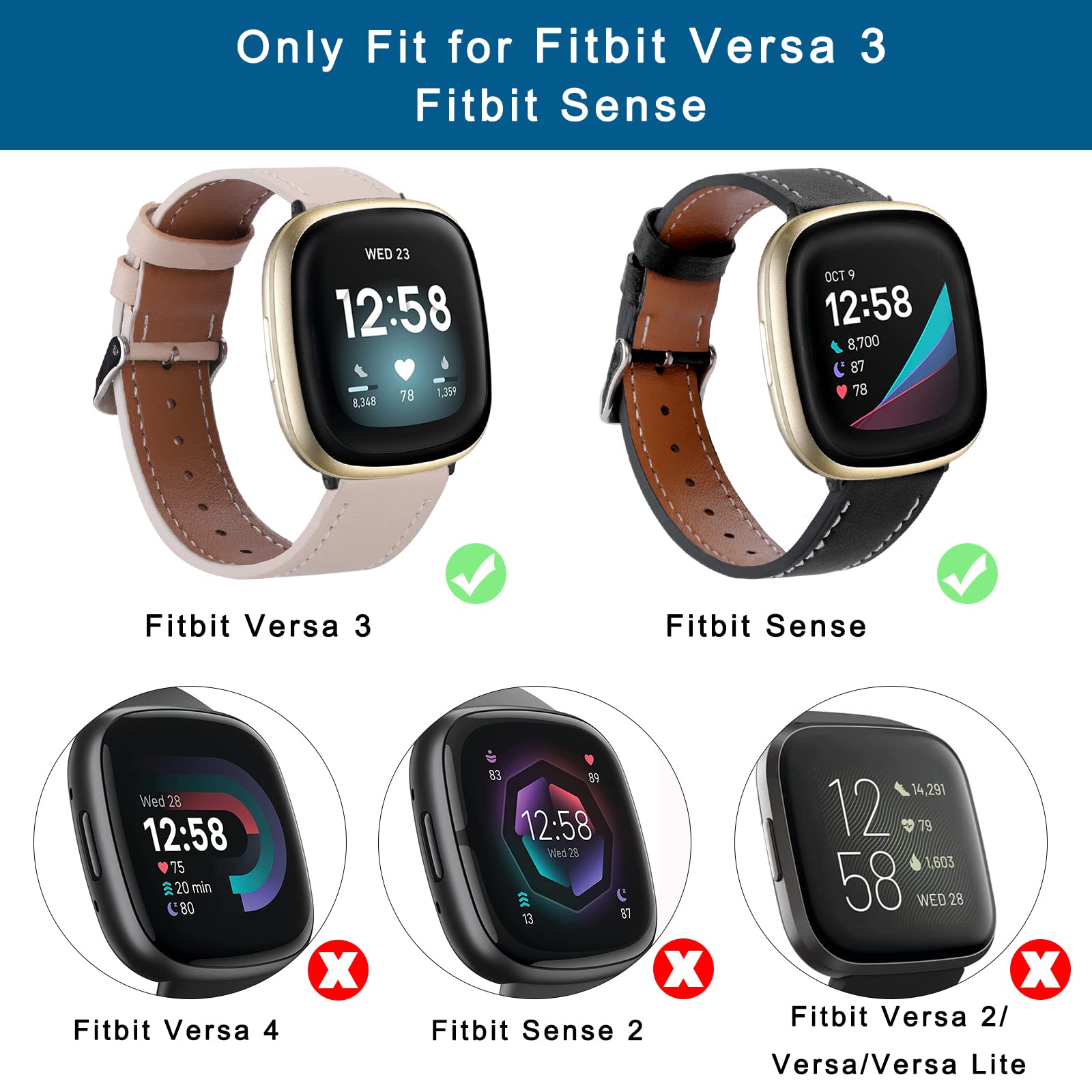 Dailatu Leather Bands Compatible with Fitbit Versa 3/Fitbit Sense Watch Bands for Women Men, Soft Leather Adjustable Replacement wristband for Versa 3/Sense