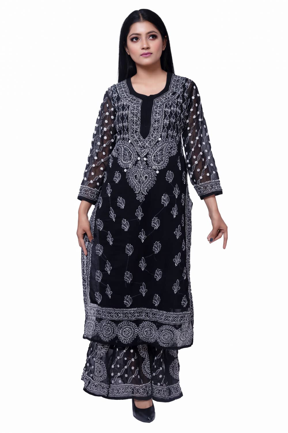 FAWOMENT Women's Georgette Lucknowi Handicrafted Chikan Heavy Embroidery Kurta Sharara Set with Slip