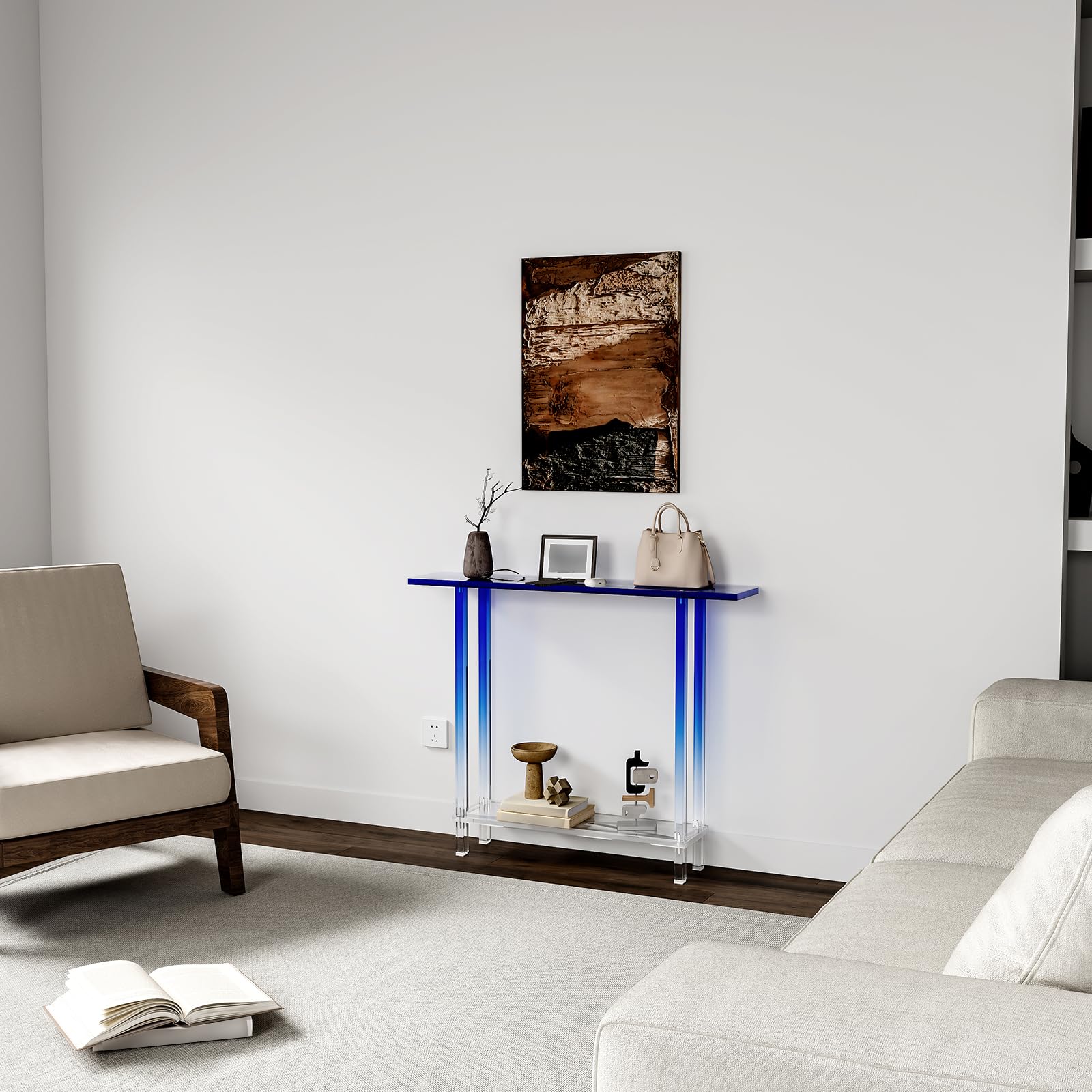 Mesa consola estrecha de acrílico, con patas cuadradas azules degradadas transparentes, 7.6 pulgadas de ancho, mesa de entrada transparente de 2 niveles para pasillo, vestíbulo, sofá, sala de 6