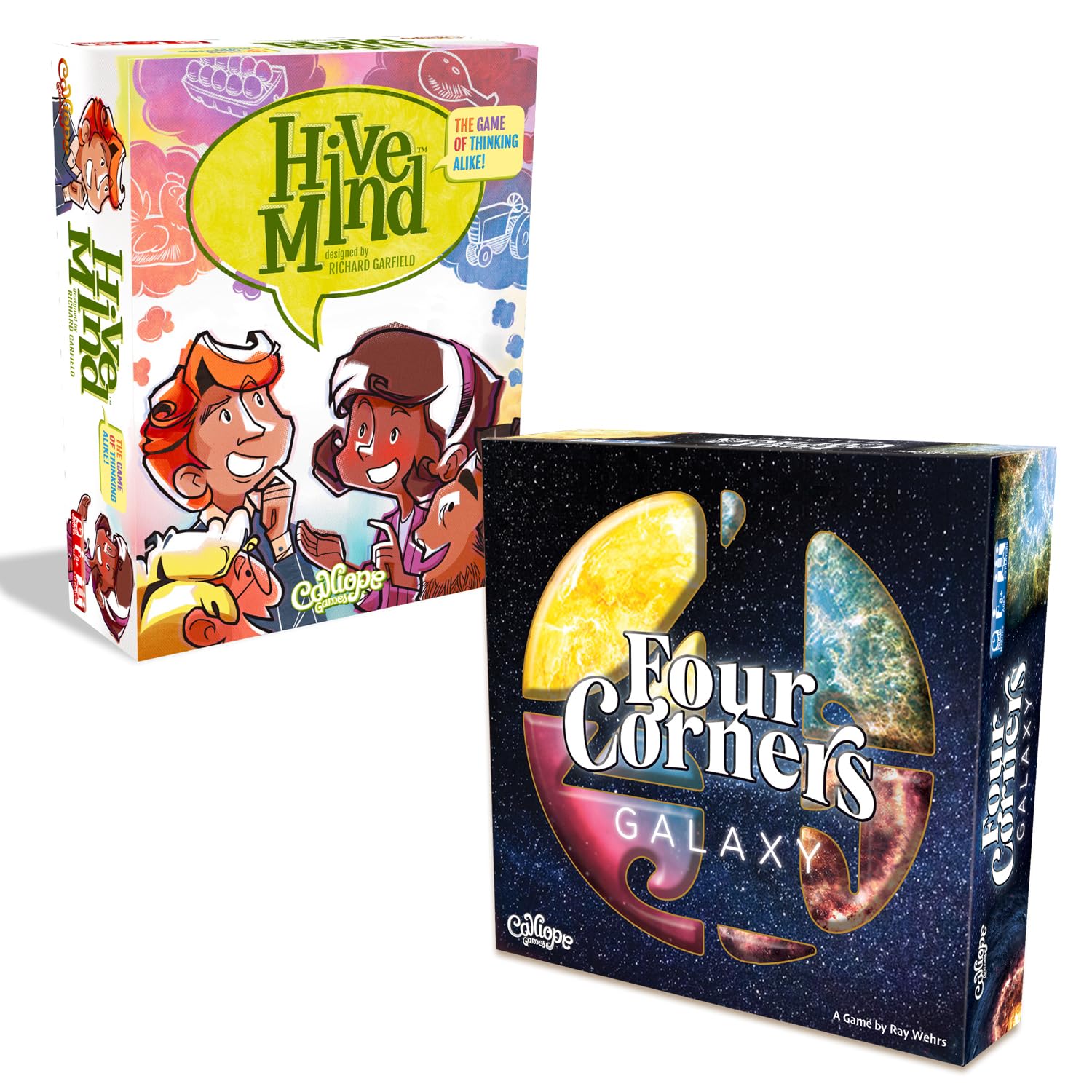 Calliope Games Hive Mind Family Fun Game find Out How Well You Think Alike + Four Corners: Galaxy A Living Puzzle Tile Game- Captivating Art, Strategy, and Pattern Matching Board Game