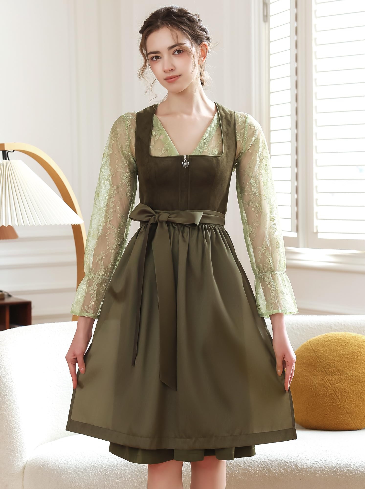 EIISSION Dirndl Damski Oktoberfest Kostium Oktoberfest Kostium Kostium Damski Zielony Tradycyjna Sukienka midi Trachten Sukienka 3 Pieces Sukienka Bluzka Fartuch