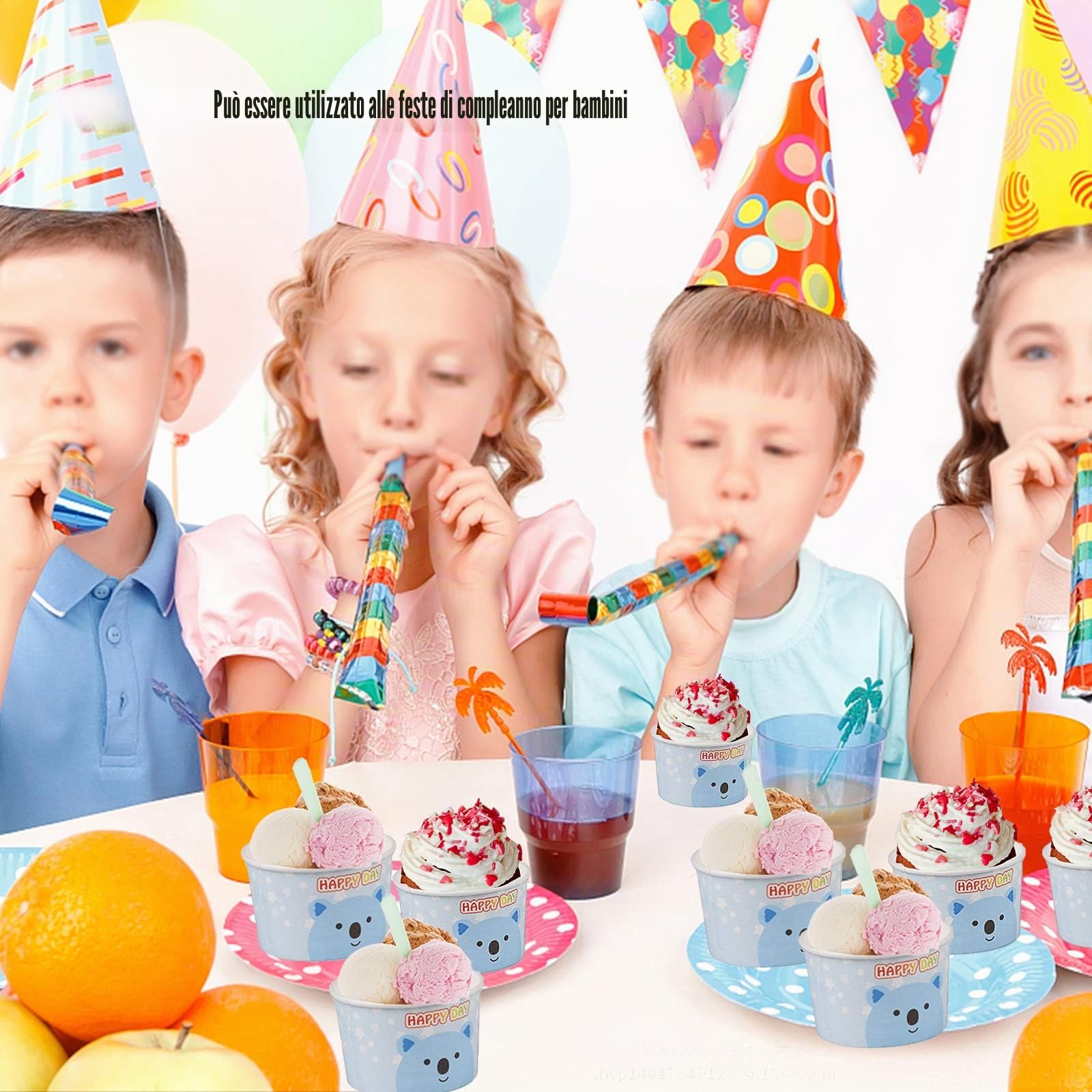 Coppe Gelato Carta Pezzi di Carta da Dessert gelato Coppette di Cartone Coppette Gelato da Dessert Ciotole per Gelati Dolci Snack Festa di Compleanno per Bambini Picnic 100Pezzi 120ml Blu e bianco
