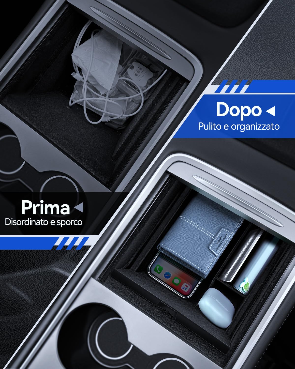 4 Pz Accessori per Tesla Model Y 2021-2024 e Model 3 2021-2023, Organizer per Console Centrale, Scatola di Immagazzinamento per Bracciolo, Scatola Portaoggetti Nascosta e Portabicchieri