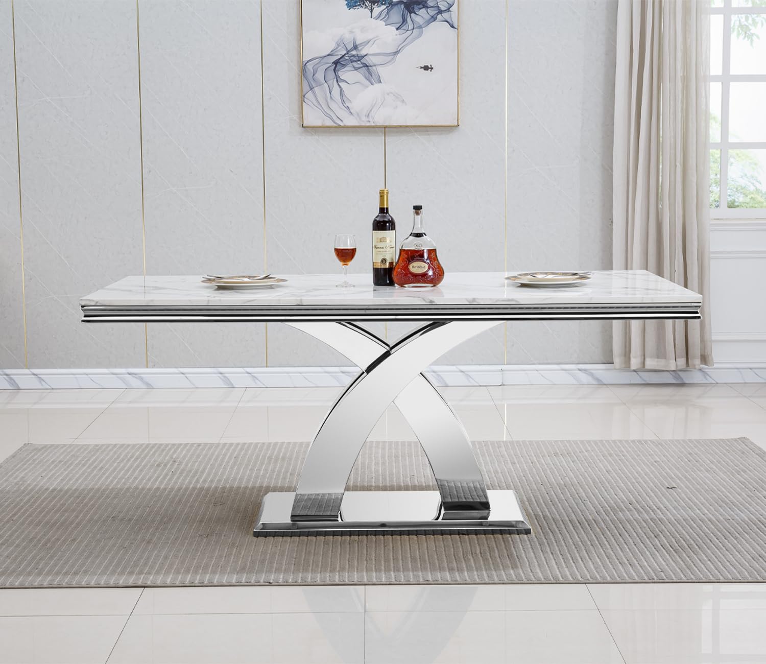 68.11" White Marble Dining Table, Luxurious Marble Table Dining with 0.71" Thick Printed Marble Tabletop and Silver Stainless Steel Pedestal, Modern