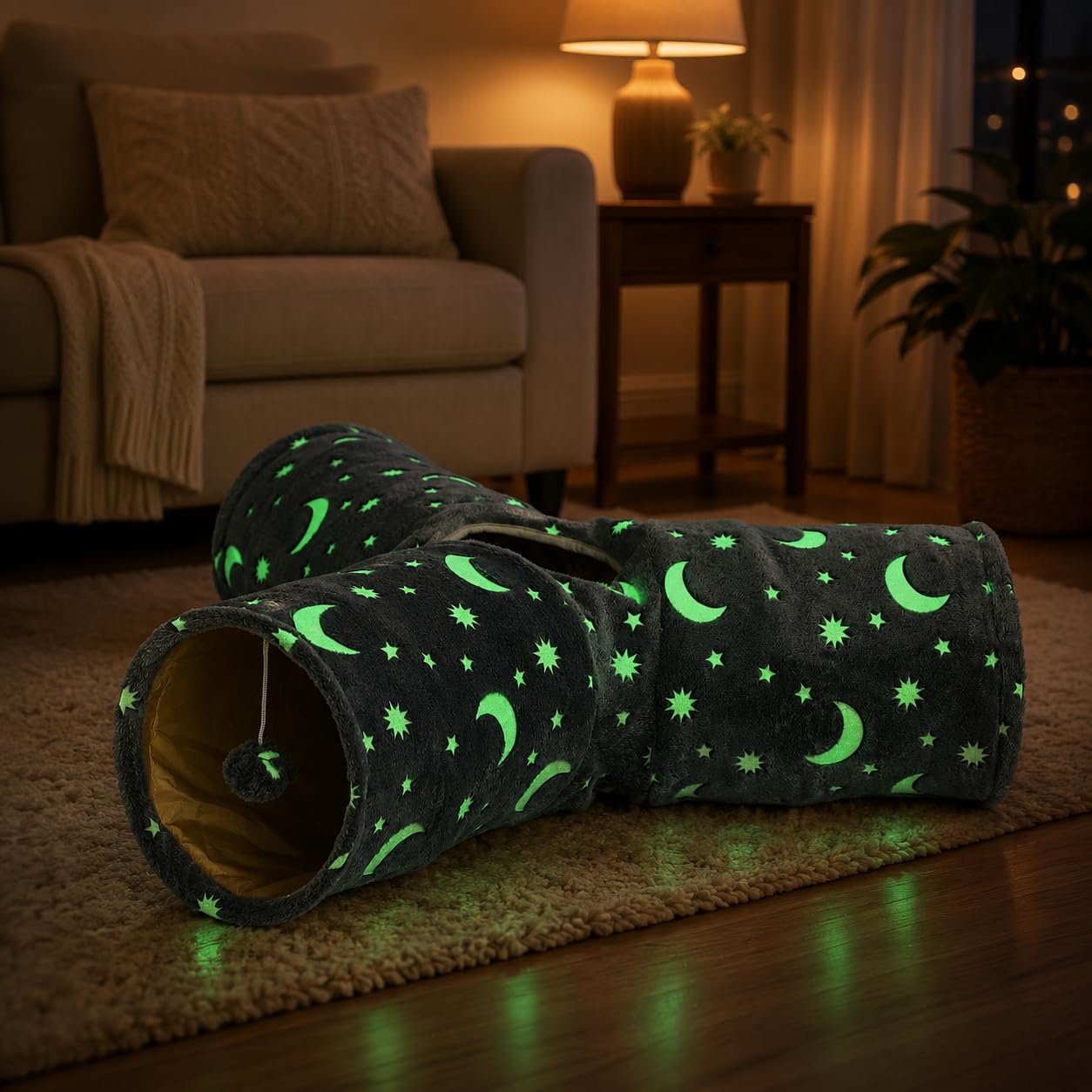 Túnel de tubo para gatos con bola de felpa plegable, autoluminoso, para gatos pequeños, conejos, gatitos, hurones, cachorros y perros, estrella lunar gris de 3 vías