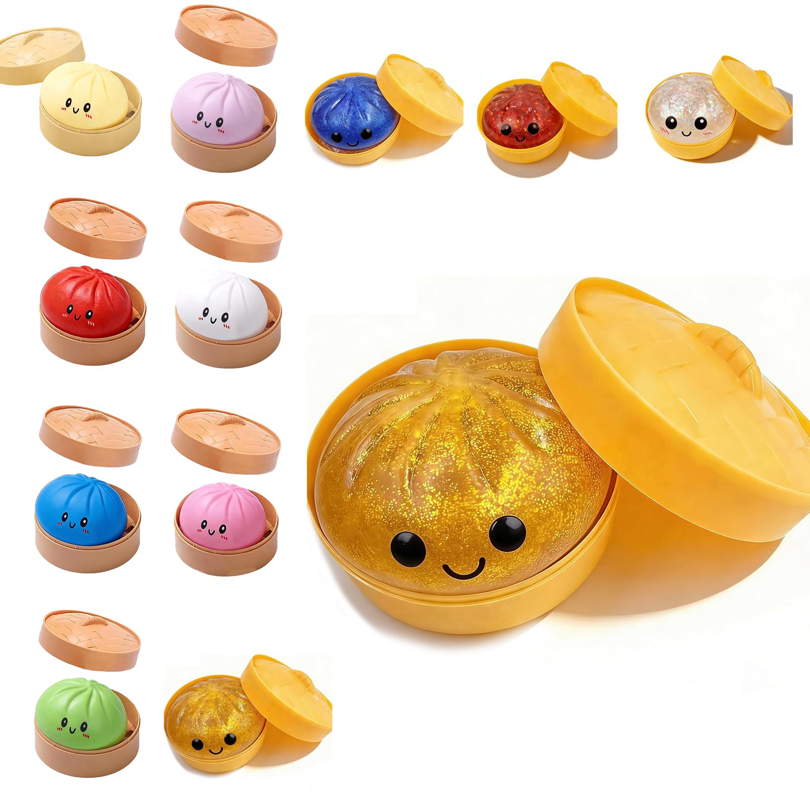 Dumpling Squishies, Glitter Dumpling Mystery Box, Colorful Dumplings Stress Balls Fidget Sensory Toy, Easter Basket Stuffers, Stocking Stuffers with Food Steamer Stretchy Desk Toys (Gold)