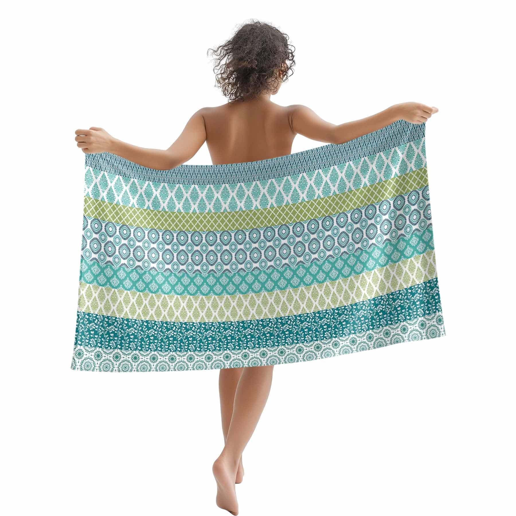 Joyinmory Beach Towel Boho Bath Pool Towels Bohemian Geometric Stripes Blue Green Soft Absorbent Beach Towels Large Quick Dry Lightweight Camping