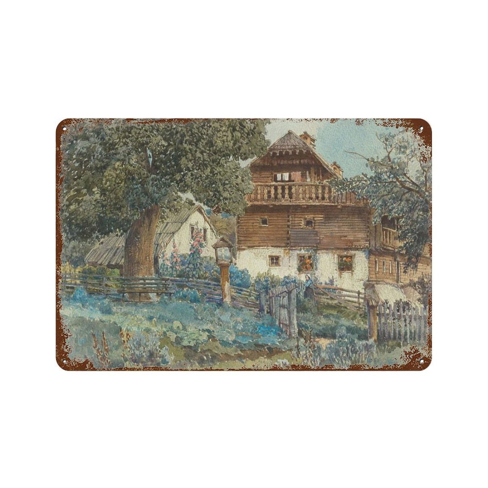 xiaoxiaoshen Watercolor Painting of A Country Cottage, Landscape Garden Wall Decor Art Metal Tin Poster Modern Home Decor Art Home Bar Shop Decorations Vintage Sign 20x30cm