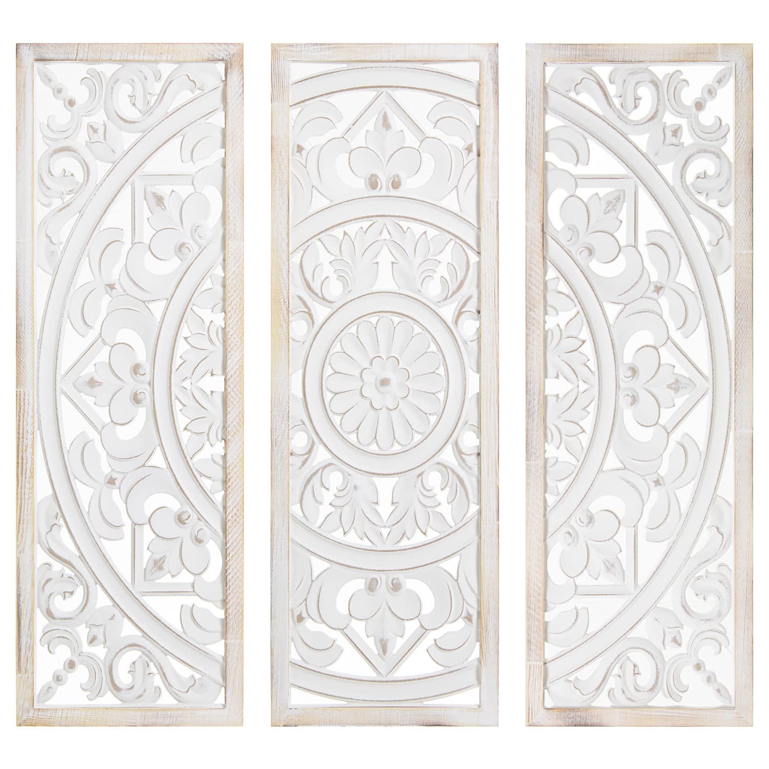 Set de 3 retablos rectangulares de Madera Calada en Blanco decape y Natural 90x2x90cm