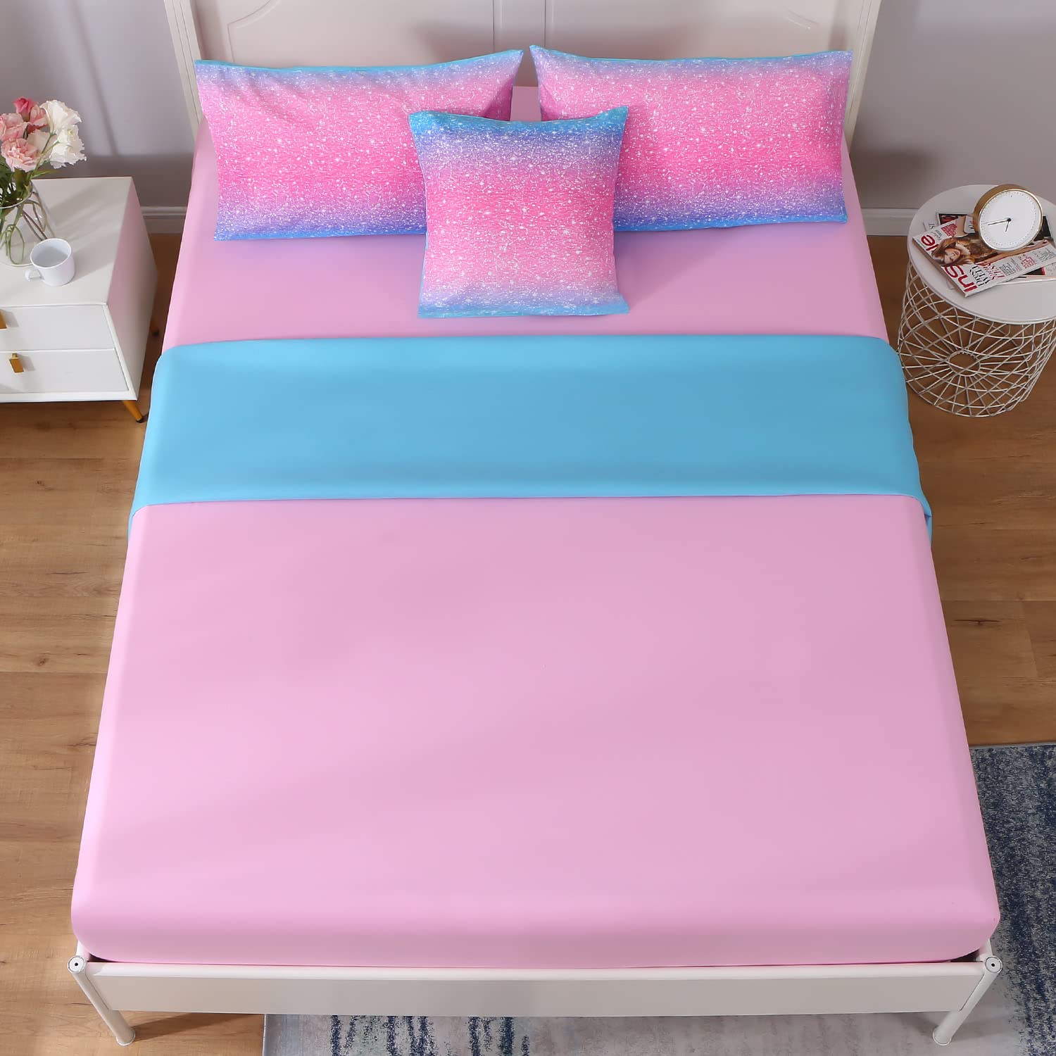 Keyroal 6Pcs Glitter Comforter Set with Sheets for Teens Girls Kids, Colorful Gradient Glitter Themed Bed in a Bag Twin Size, Pink Teal 3D Sparkly Galaxy Bedroom Decor Bedding Set