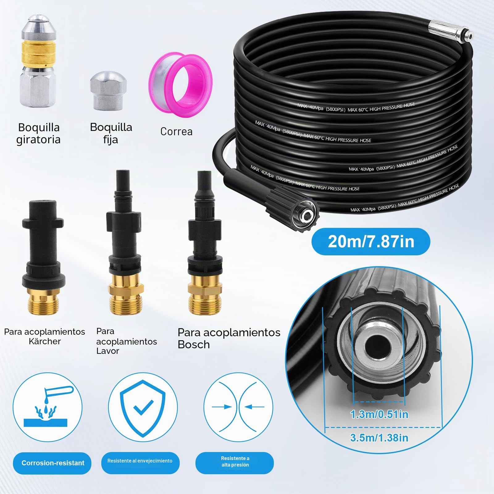 20M Desatascador Tuberías a Presión Adecuado para Kärcher K2 K3 K4 K5 K7 Limpiadoras a Presión, Manguera Desatascador Tuberías 180Bar para Lavor Parkside y Bosch con Adaptador y Boquillas