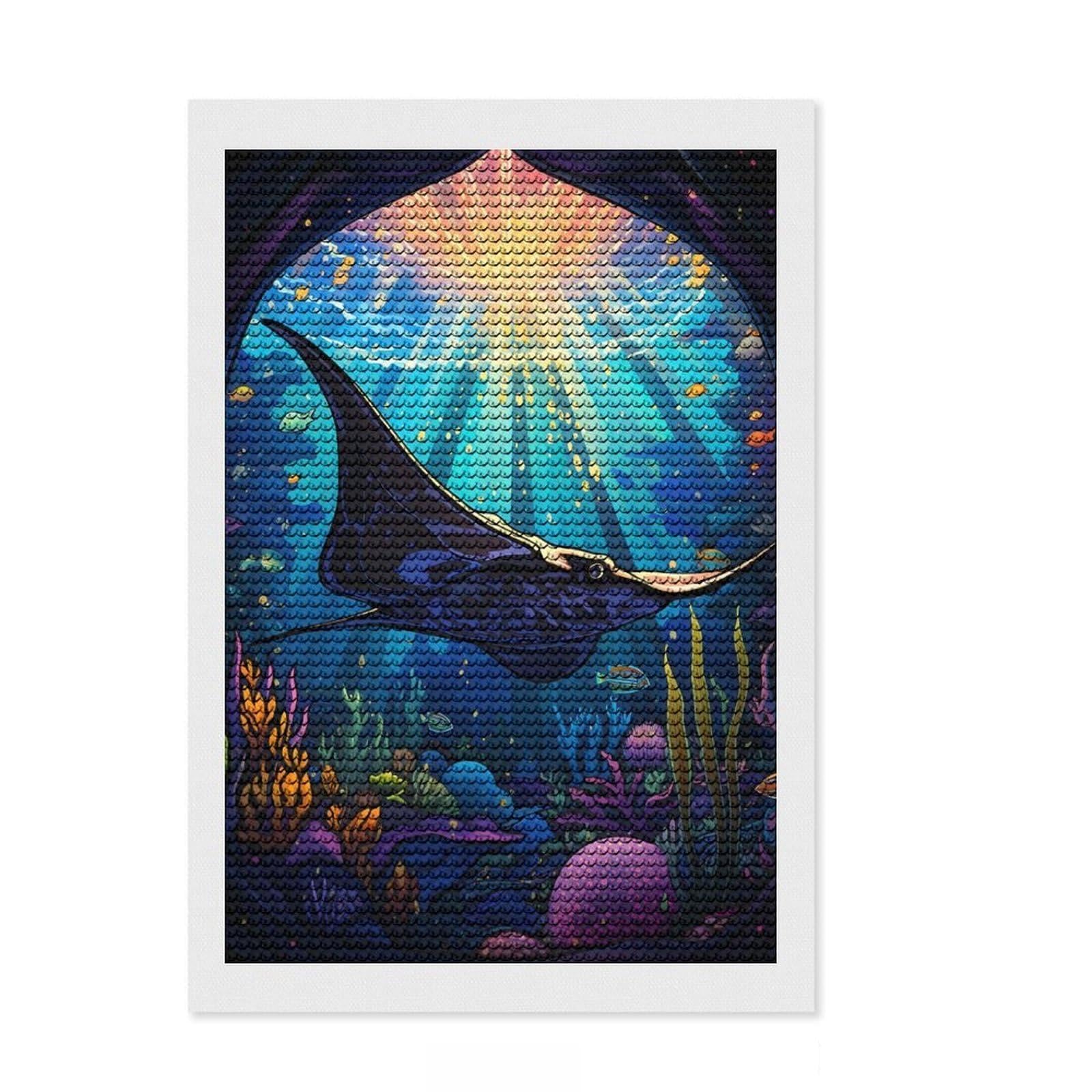 Junmoney Stingray Stained Glass Diamond Painting Kit 8"x12", Adhesive Canvas, Decorate Your Room, Boho Decor, Birthday Gift, Sparkling Round Gems