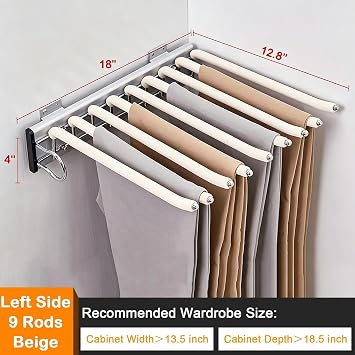 Pull Out Trousers Rack 9 Arms, Beige, Left Side Installation