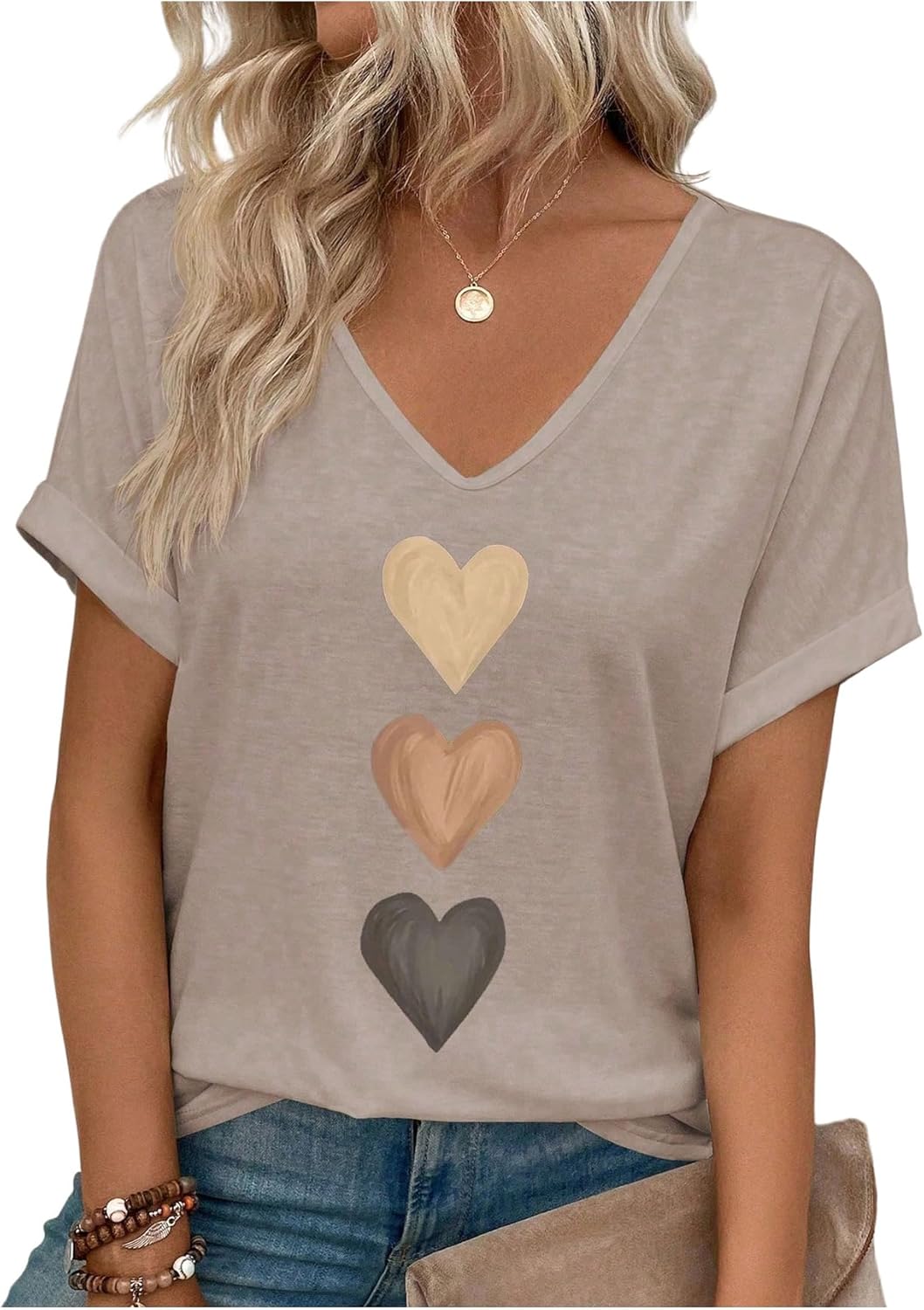 SOLY HUX Women's V Neck Short Sleeve T Shirts Heart Graphic Tees Summer Classic Tops