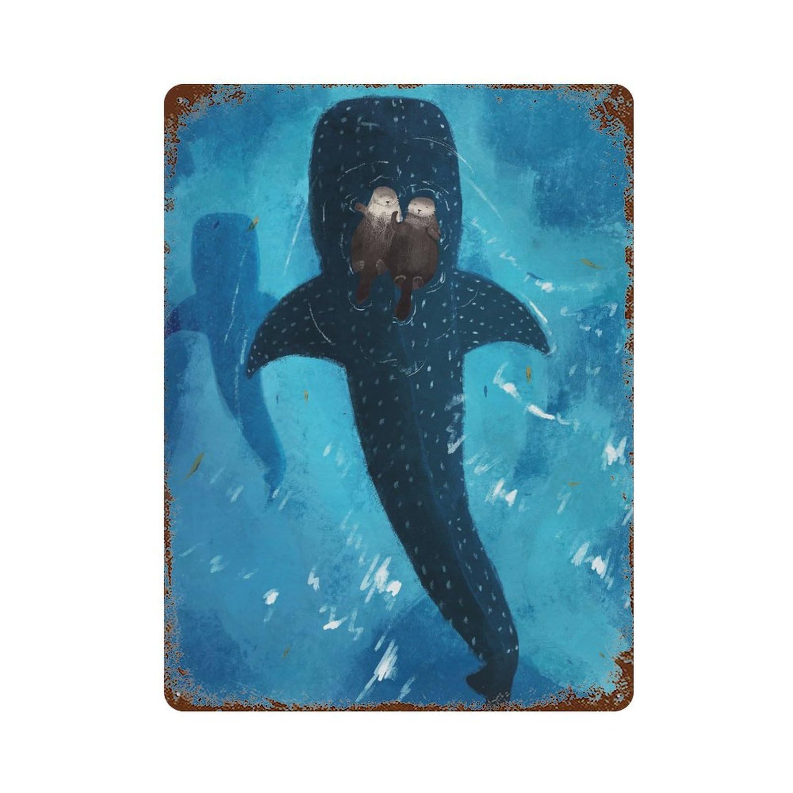 A Couple of Otters Sleeping And A Whale Shark 15.7"x11.8" Vintage Metal Tin Sign, Retro Wall Decor for Basement, Hobby Room And Garage Decor