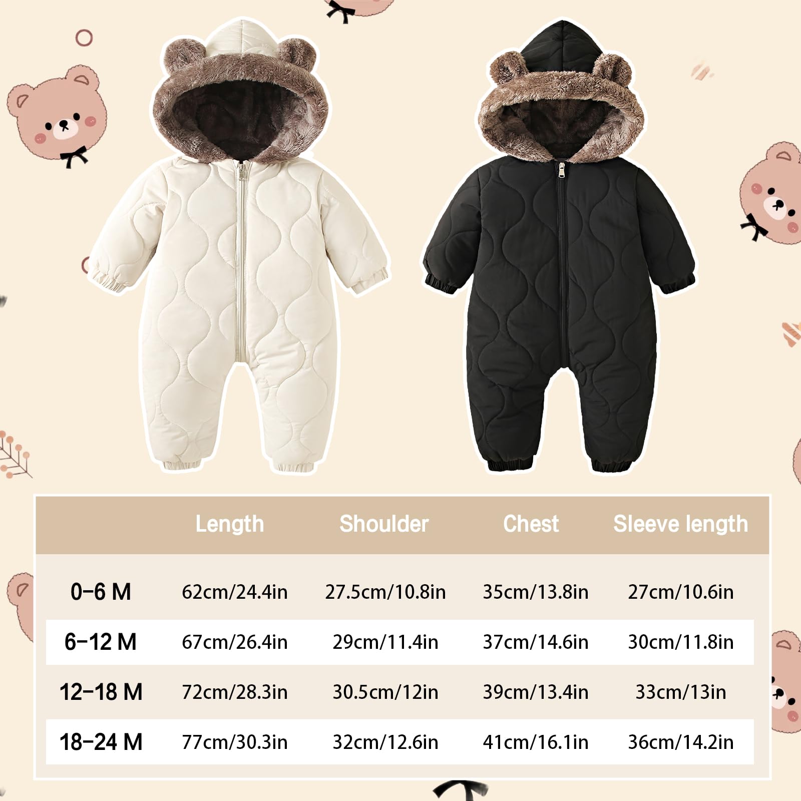 Yanmucy Traje de nieve para bebé, forro polar grueso, abrigo cálido para bebé, mono de invierno para cochecito de bebé, para niñas y niños, de 0 a 24 meses