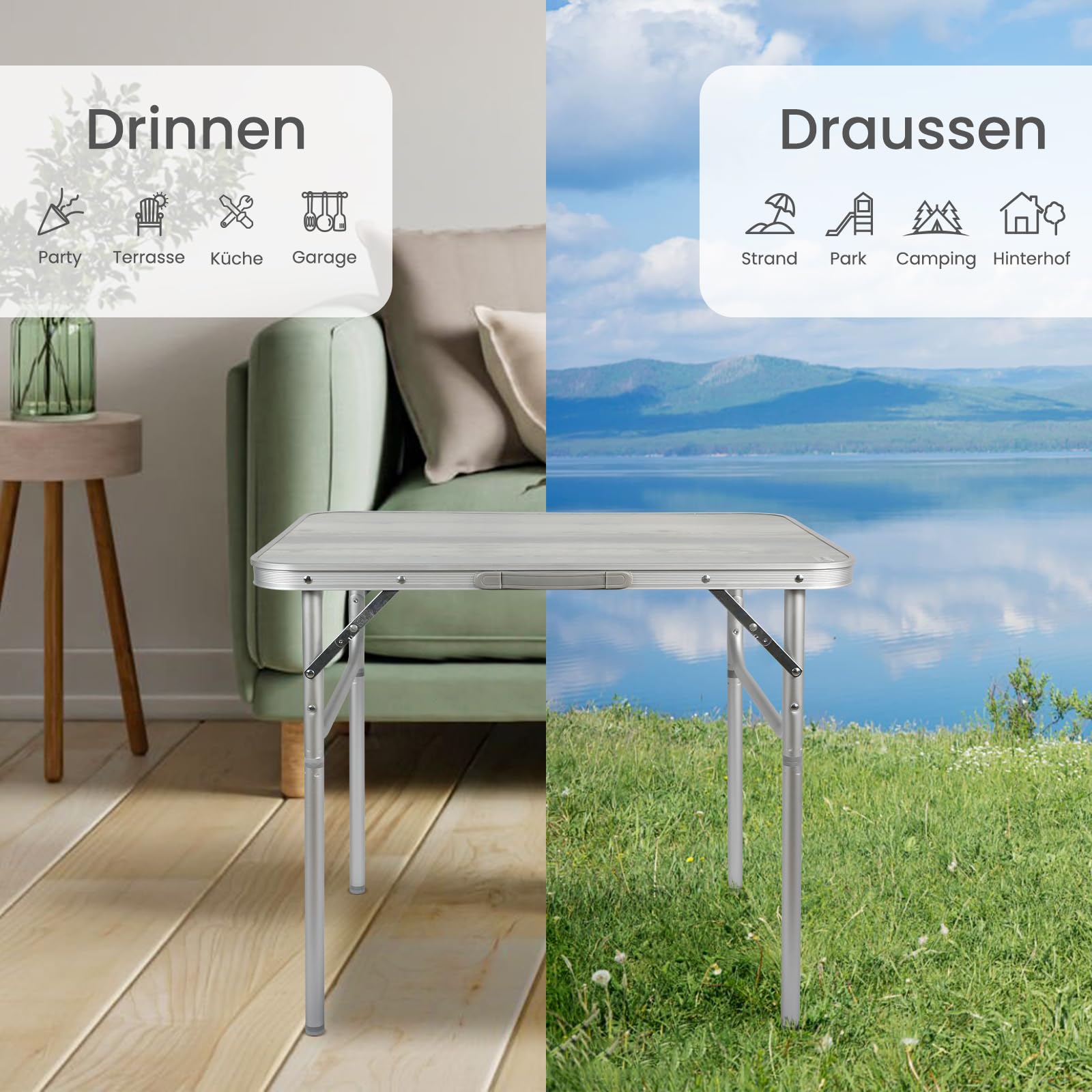 Homecall Campingtisch Klappbar 75 X 55 X 63/25 cm Klapptisch Höhenverstellbar Alu Campingtisch Faltbar MDF Tischplatte BIS 30 kg Camping Tisch Gartentisch für Garten, Picknick, Strand, Balkon, Küche