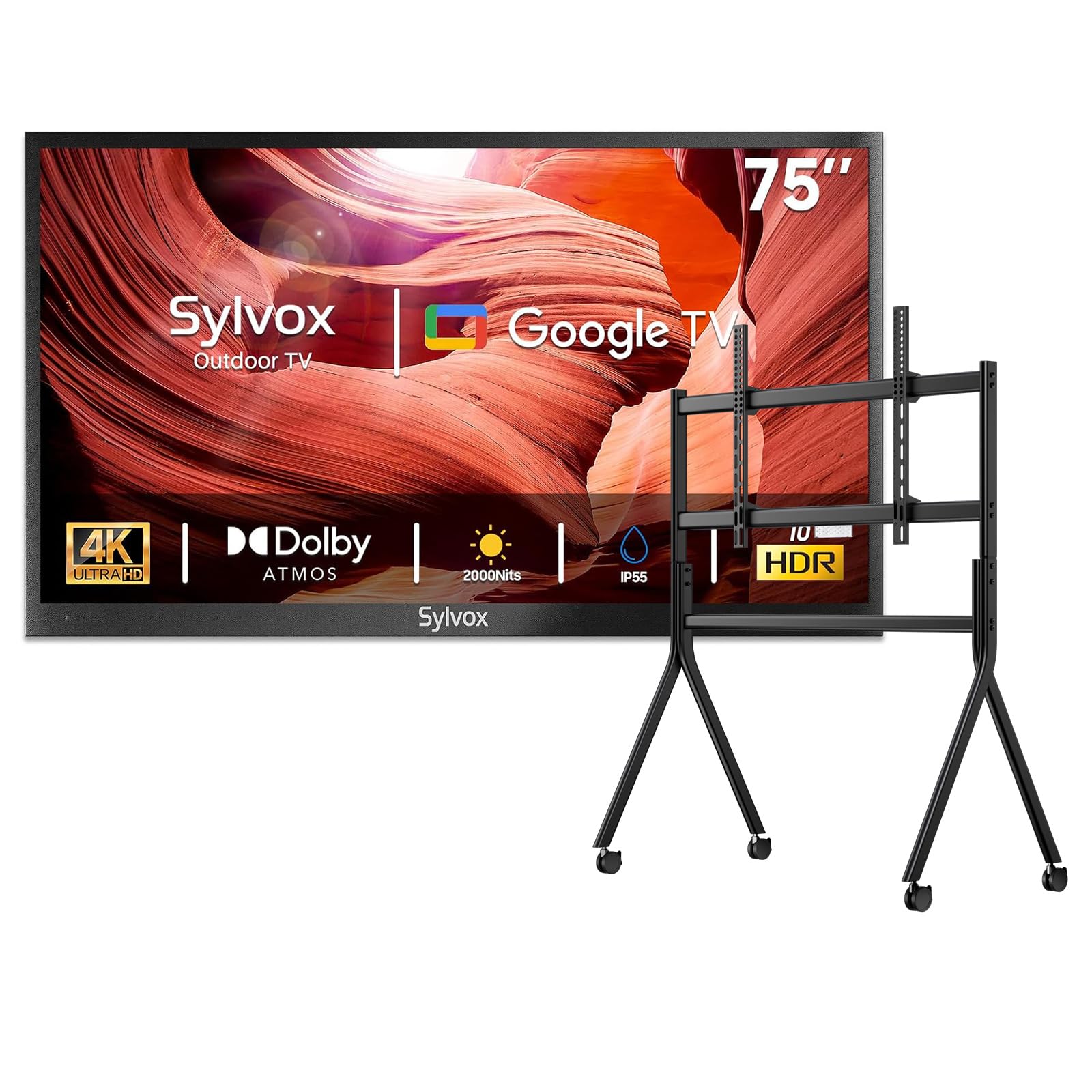 SYLVOX Outdoor TV with Rolling Stand 75 inch 2000 Nit Full Sun Smart TVs Sunlight Readable IP55 Waterproof