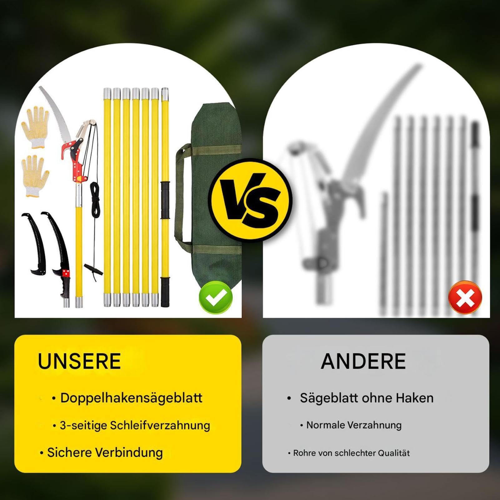 Scie à élaguer avec manche télescopique 3 en 1, 8 m, élagueuse et élagueuse avec câble à ressort | Scie légère pour l'entretien du jardin et l'élagage des arbres | Avec sac de transport et lame de