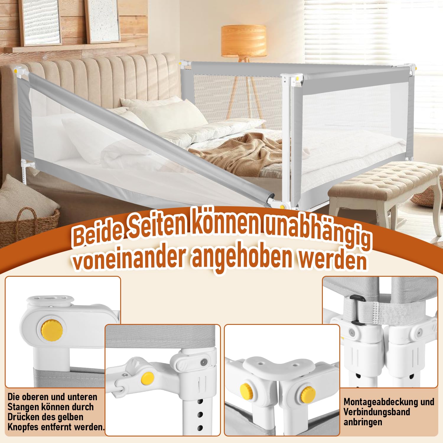 Barrera de cama de 200 cm, protección para cama infantil con patas en forma de U, plegable, protección contra caídas, altura ajustable, 68 – 95 cm, fácil de montar, color gris