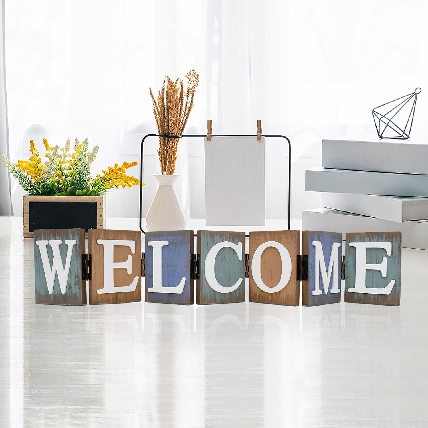Welcome Tabletop Wooden Cutout Letter Sign - Folding Hinged Free Standing Rustic Love Word Sign for Table, Shelf, Mantel, Fireplace Farmhouse Home Decor - Image 4