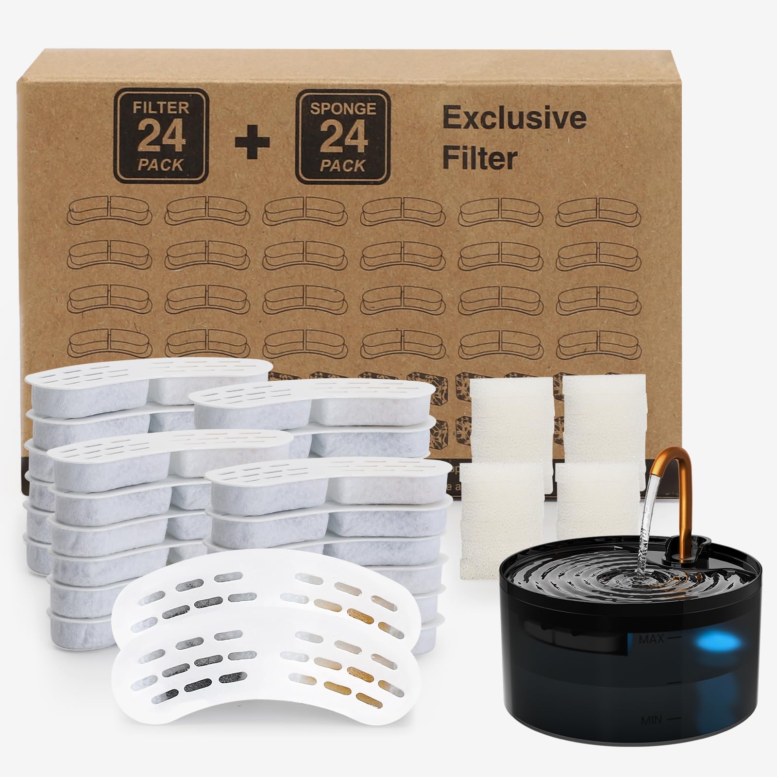 S003,S005 Exclusive 24 set Cat Fountain Filter Replacement, 24 Pack Filters and 24 Pack Sponges, Only for Item Model Number:S003,S005, Not for Other Brands of Products