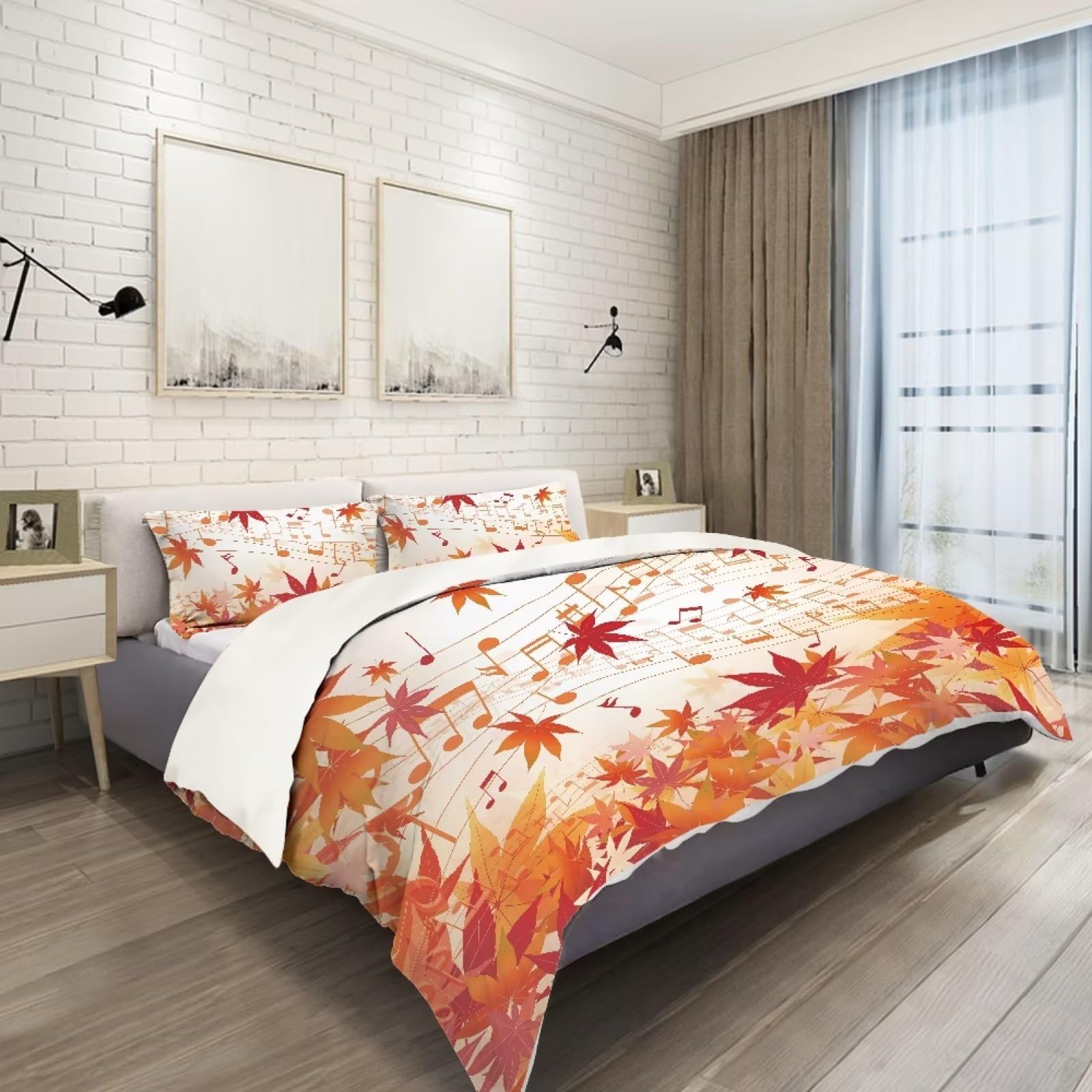 BIGCARJOB Thanksgiving Day Duvet Cover Set Queen Size,Fall Maple Leaf Autumn Bedding Set,Kids Boys Girls Adults Cabin Decor Comforter Cover,Orange Quilt Cover,2 Pillowcases