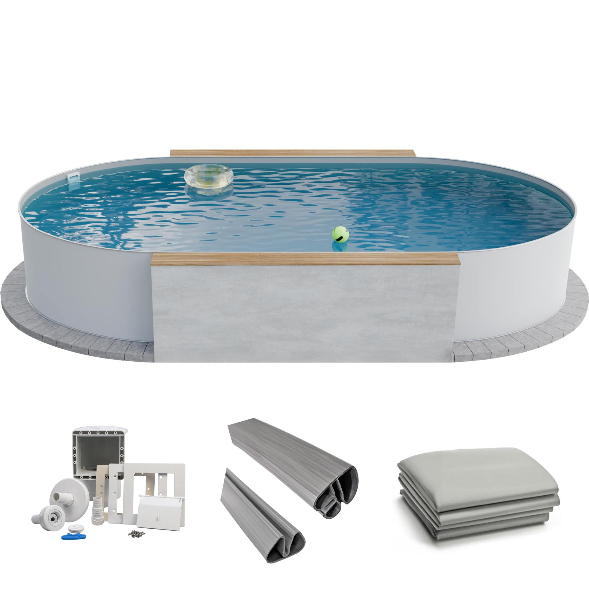 Fresh-Pool Profi Stahlwandpool Set oval, 525x320x120 cm, Stahl 0,6 mm weiß, Folie 0,8 mm grau, Einhängebiese