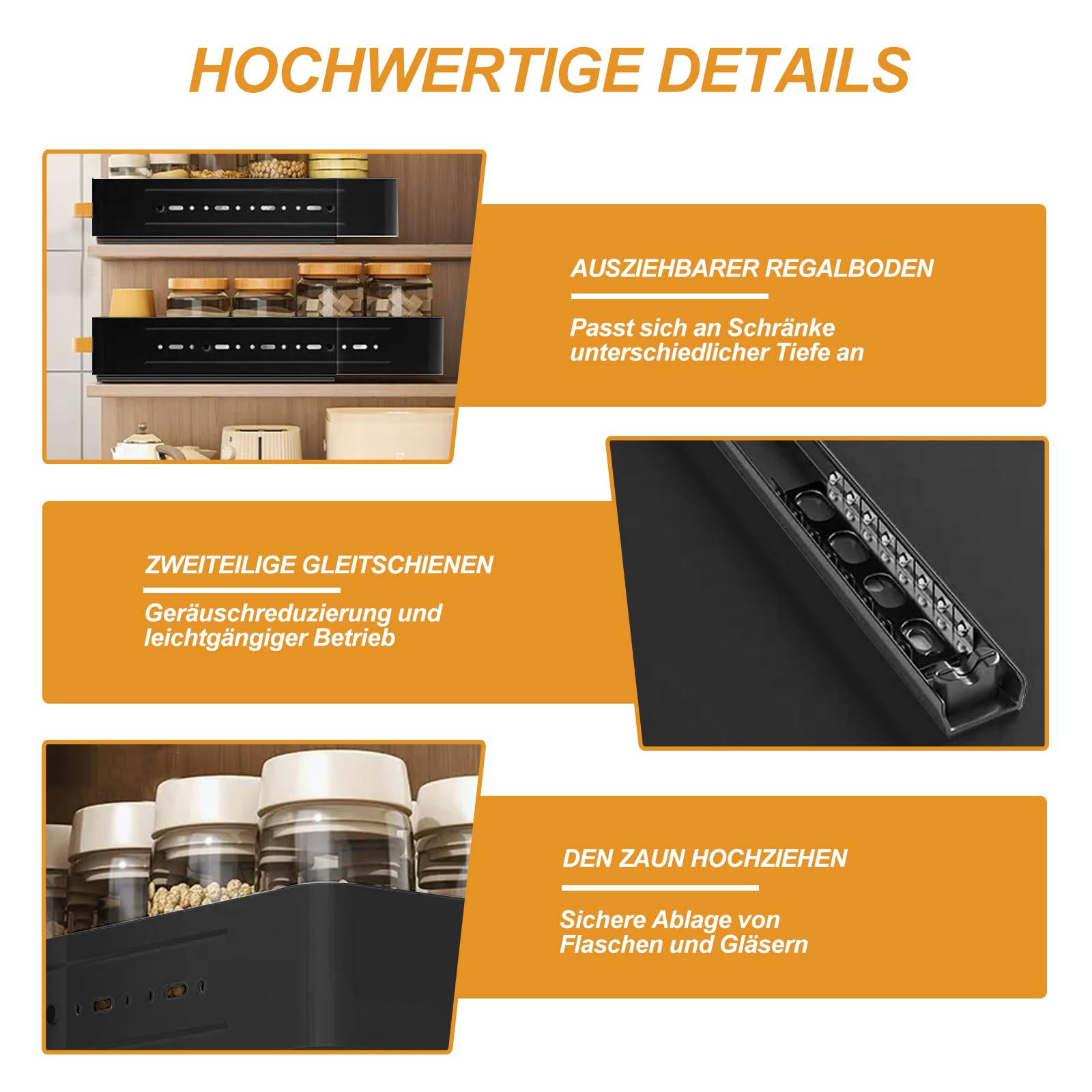 Teleskopschublade - Tiefe Einstellbar 41-60CM Tief x 25CM Breite x 7.8CM Höhe, Ausziehbare Schublade Küche Große Metall Slide Out Organizer Mit Griff, Organizer Ausziehbar Für Küche Badezimmer Schwarz