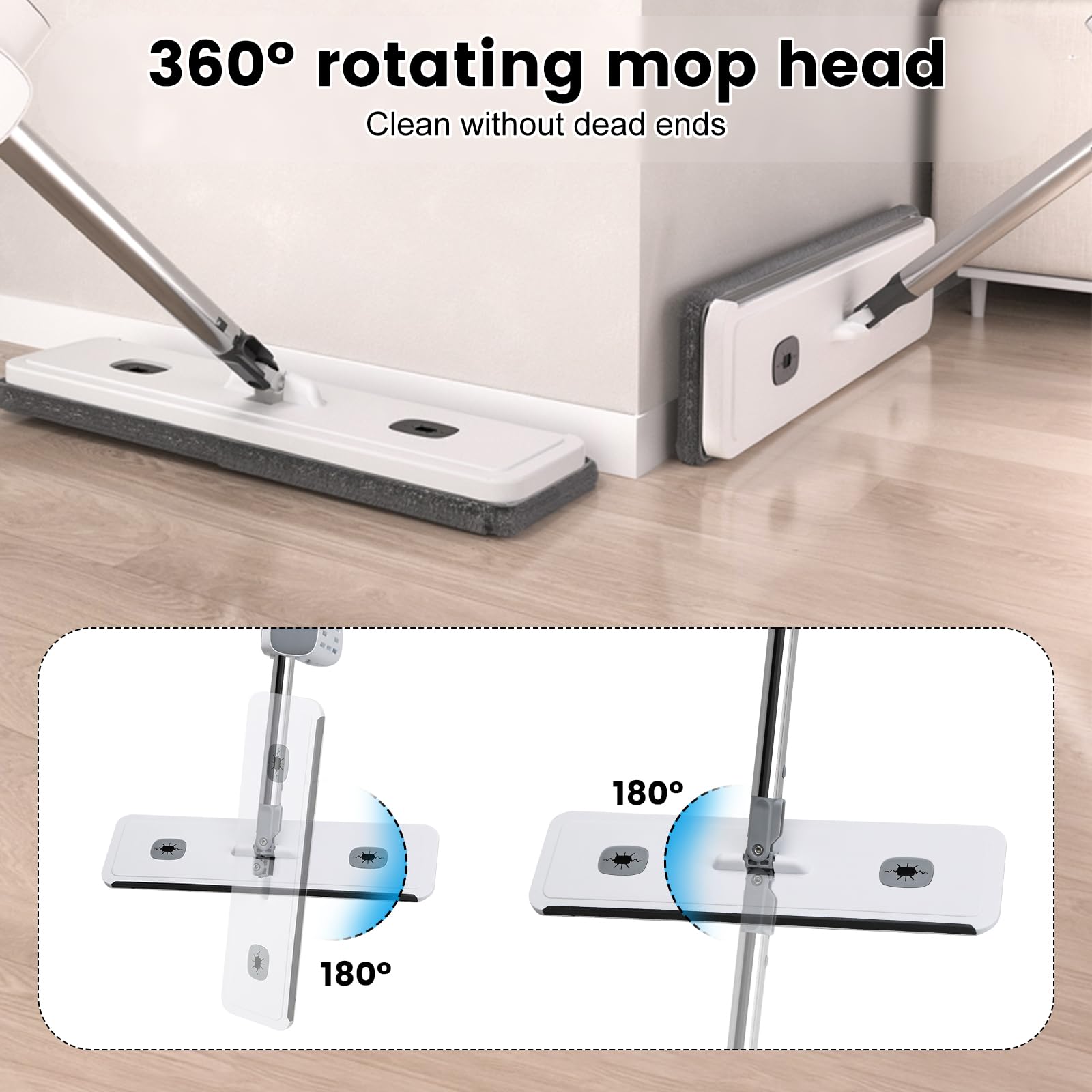 Płaski Mop Do Mycia Podłóg, Samoczyszczący 133 cm, Z Funkcją Skurczową, Obracany o 360°, 5 Ściereczek Z Mikrofibry Do Twardego Drewna, Płytek, Marmuru