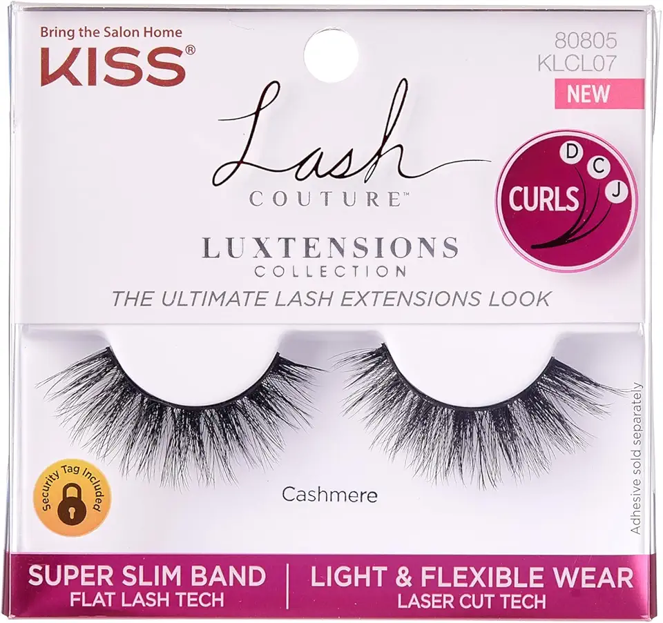 KISS Lash Couture Coleção LuXtensions Cílios Postiços, Tecnologia de Cílios Lisos, Faixa de Cílios Super Finos, Fibras de Extensão de Cílios Reutilizáveis, Cílios de Tira Compatível com Lentes de Contato, Estilo "Caxemira", 1 Par