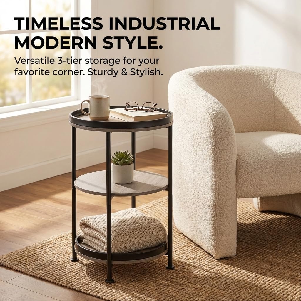 Dulcii Side Table, Round End Table with 3 Storage Shelves for Living Room, Bedroom, Nightstand with Steel Frame for Small Spaces, Industrial Round Sofa Table, Outdoor Accent Coffee Table, Oak