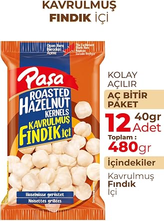 Paşa Kavrulmuş Fındık İçi, Premium Türk Fındığı, 12 Paket x 40gr, Toplam 480gr