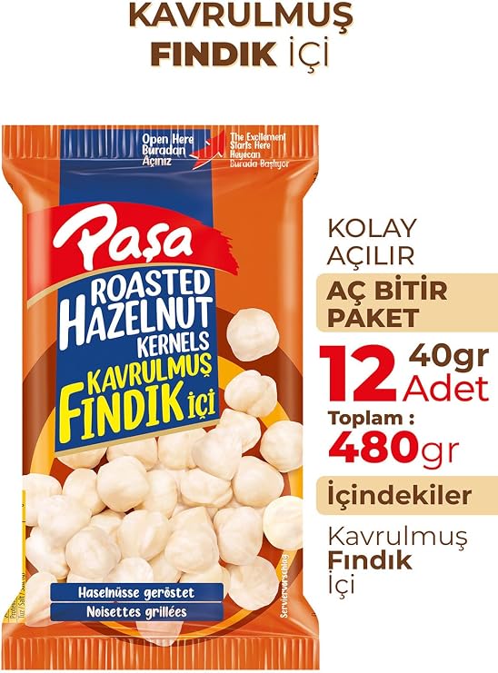 Paşa Kavrulmuş Fındık İçi, Premium Türk Fındığı, 12 Paket x 40gr, Toplam 480gr