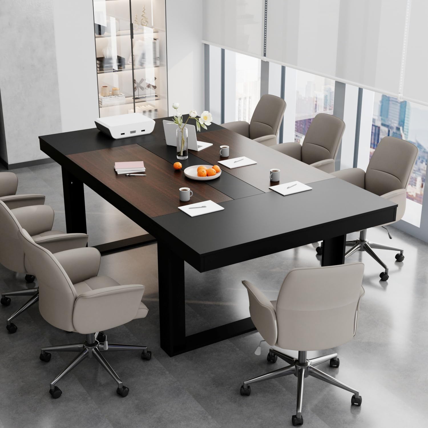 Lovinouse 86.6" Wide Computer Conference Table, Large Simple Executive Work Desk, Long Meeting Computer Office Desk, Modern Rectangular Conference Writing Table for Office, Black Walnut Color