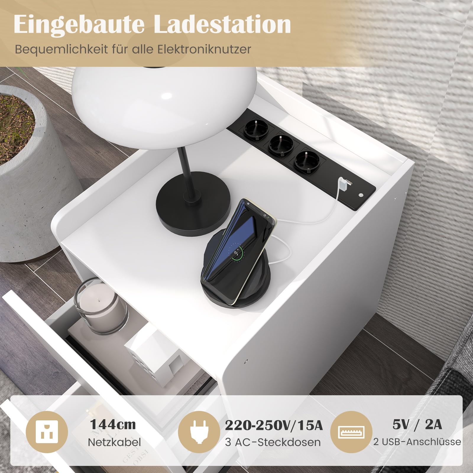 COSTWAY nachtkastje met oplaadstation, smal nachtkastje met 2 lades en USB- poorten, bijzettafel met metalen poten, nachtkastje voor slaapkamer, woonkamer, 32 x 40 x 60 cm (wit