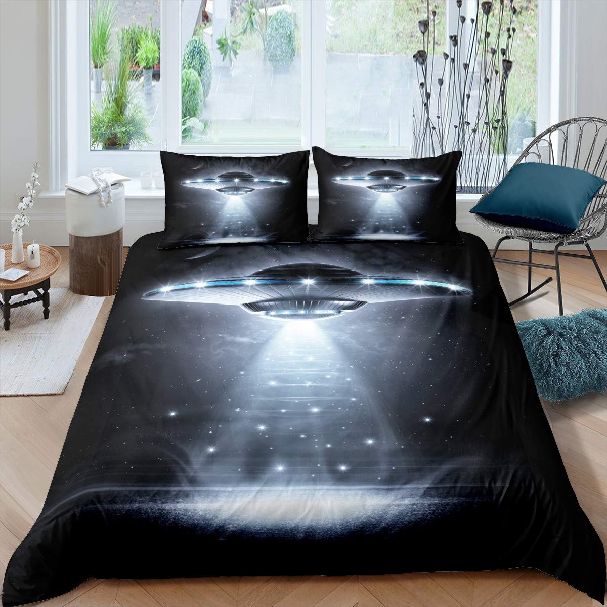 Loussiesd Ufo Duvet Cover Alien Outer Space Theme Comforter Cover for Kids Girls Teens Supernatural Martiansal Beings Hypoallergenic Microfiber Bedding Decor 3Pcs Bedspread Cover Double Size