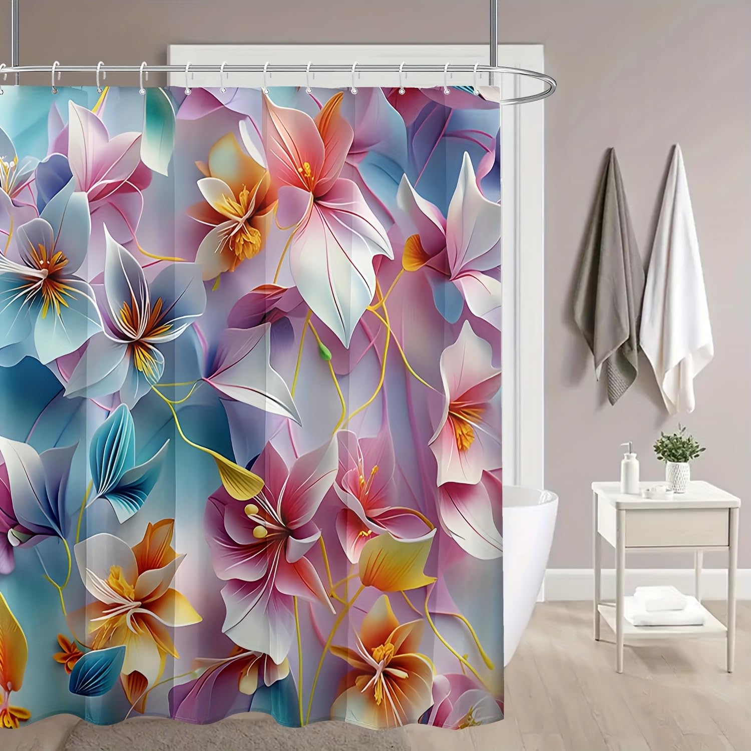 GLWDMB 1 Piece 180x200CM Watercolor Floral Printed Shower Curtain With Hook, Polyester, for Windows And Walls, Bathtub, Bathroom, Machine Washable, All Season Universal