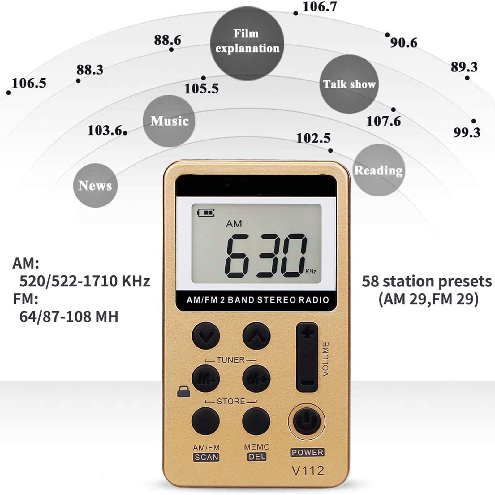 Mini Radio Portable, Petite Radio FM AM avec Écouteurs, Batterie Rechargeable de 500 mAh, Stockage de Recherche Automatique,Rouge