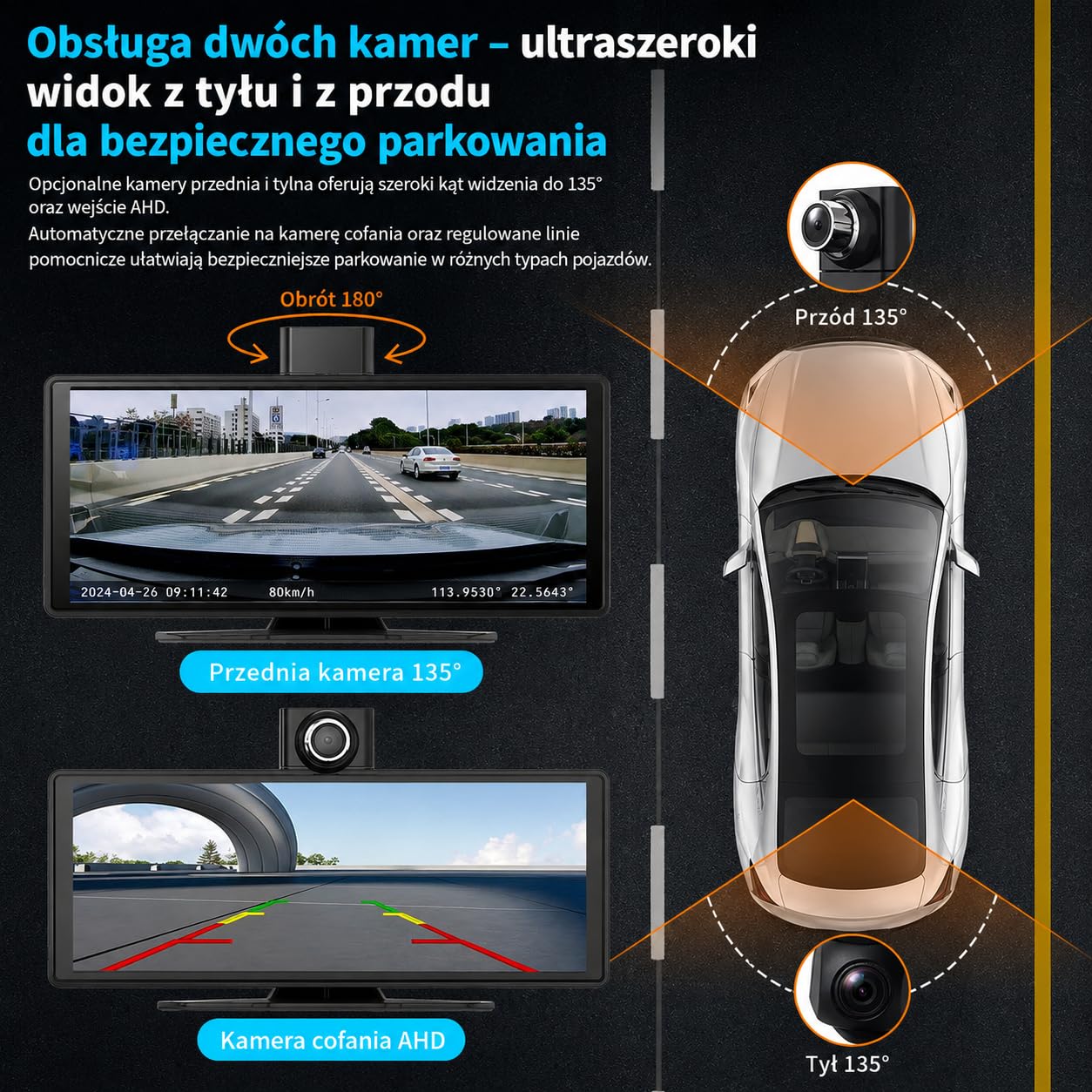 10,26" Przenośny Ekran Samochodowy z Bezprzewodową Obsługą CarPlay i Android Auto, Ekran Dotykowy do Samochodu z Kamerą do 4K i Kamerą Cofania 1080P, Bluetooth/FM/AUX, Mirror Link