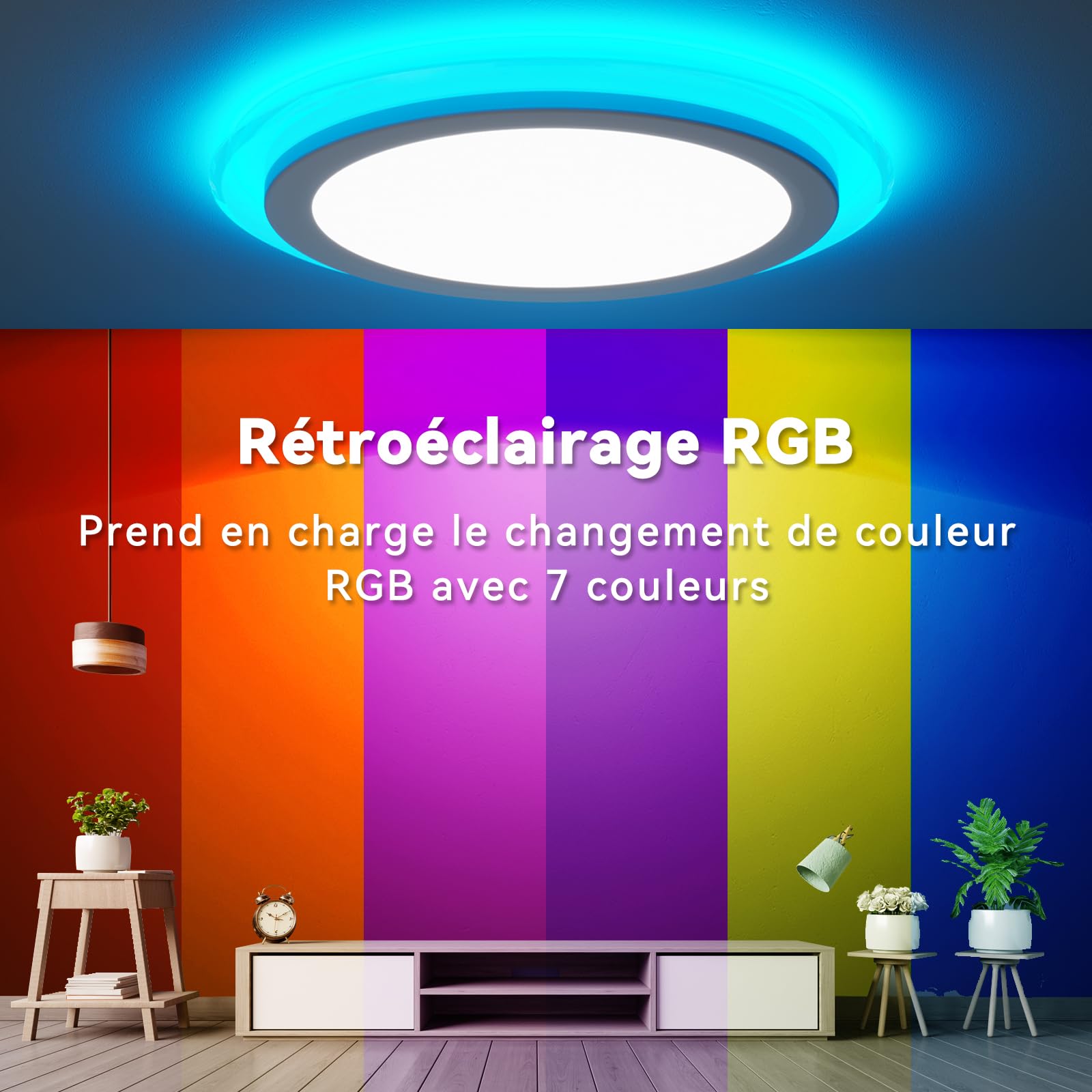 Plafonnier LED avec Design Anneau Planétaire, Télécommande 24W 7 Couleurs RGB, Lampe de Plafond Rond IP44, Dimmer 3000-6500K 3600LM pour Chambre, Chambre d'Enfant, Couloir, Salon, Salle de Bain