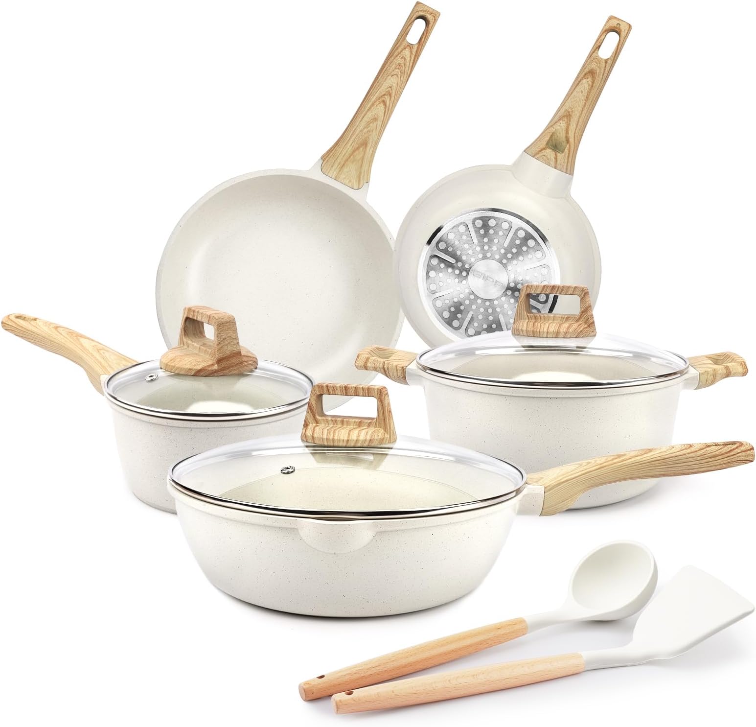 GiPP Pots and Pans Set Non Stick - 10 Pcs White Granite Kitchen Cookware Sets Nonstick Induction Cookware Cooking Pan Set with Frying Pans, PFOS & PFOA Free (White, A)