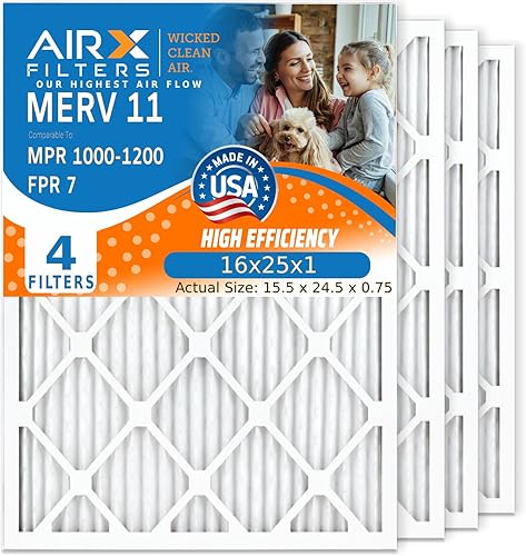 AIRX FILTERS WICKED CLEAN AIR. Filtro de aire acondicionado plisado electrostático MERV 11 de 16 x 25 x 1, paquete de 4 filtros de horno HVAC AC