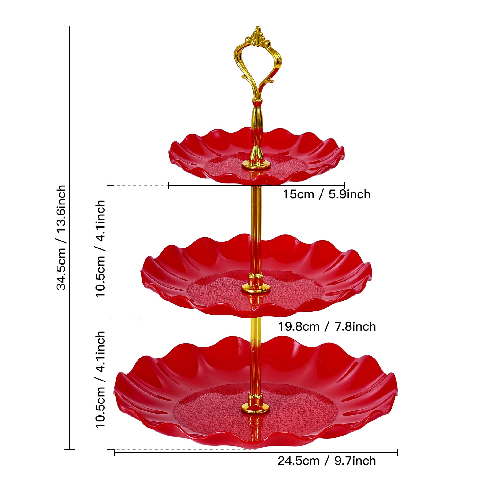 Soleebee 3-Tier Cupcake Stand, Wavy Plastic Tiered Serving Tray, Cup Cake Tower for Birthday Wedding Party Decoration, Cupcake Tier Stand Fruits Desserts Display (Red)