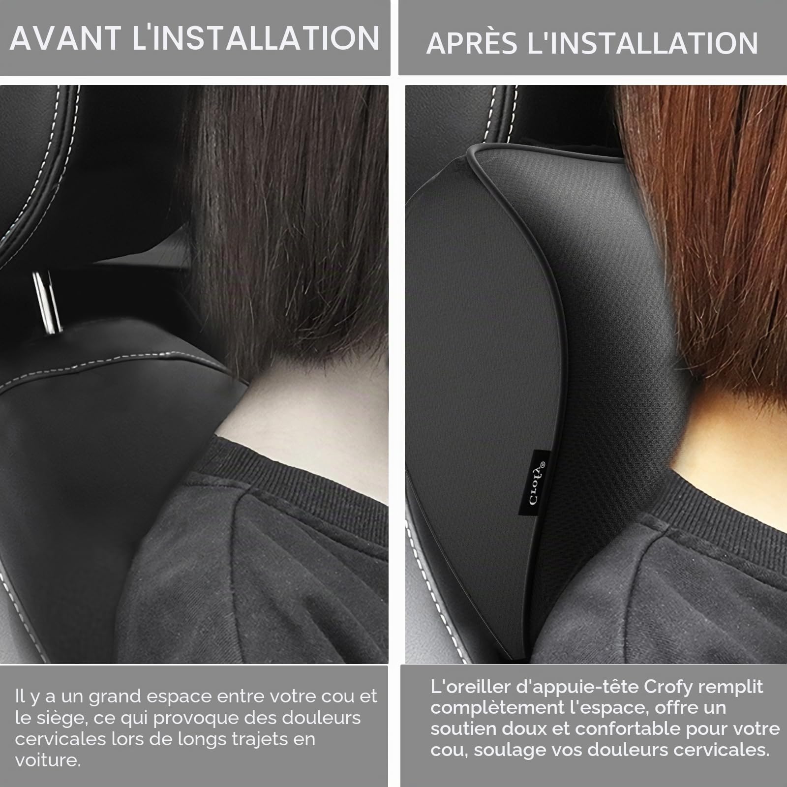 Crofy Lot de 2 Oreillers de Cou pour Voiture, Appuie-tête Doux pour la Conduite avec Sangle Réglable, 100% Mousse à Mémoire de Forme et Housse Respirante Amovible, Design Ergonomique Confortable, Noir