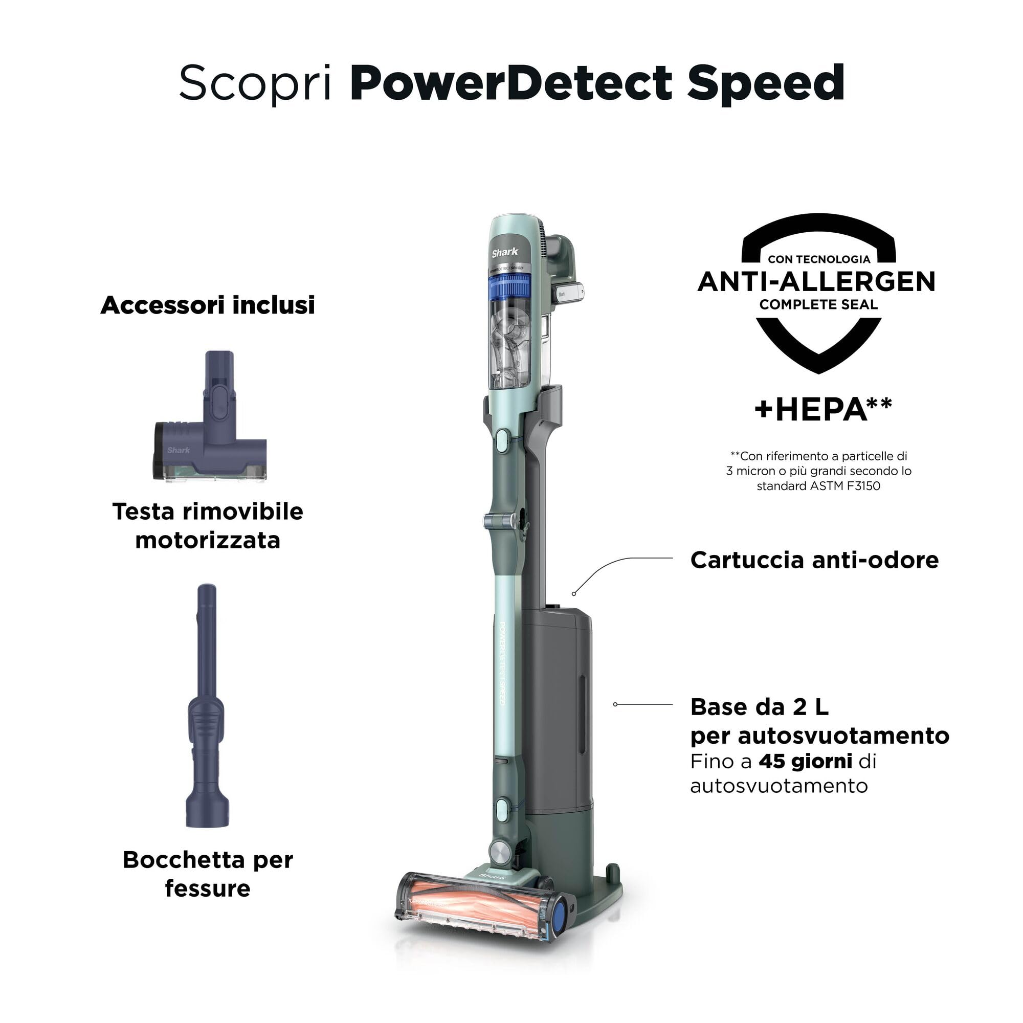 Shark Detect Speed Clean & Empty Pet Pro Aspirapolvere senza fili, Reverse Clean, autonomia fino a 60 minuti, base autosvuotante, accessorio per animali domestici, Colore Verde Salvia IA3243EUT