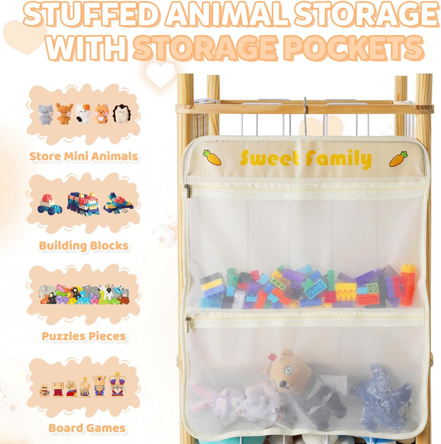Stuffed Animal Storage Organizer, Large Wooden Zoo Toy Holder with Pockets, Plushie, Stuffy,Toy Storage for Kids Room, Playroom, Bedroom(Natural Large) - Image 4