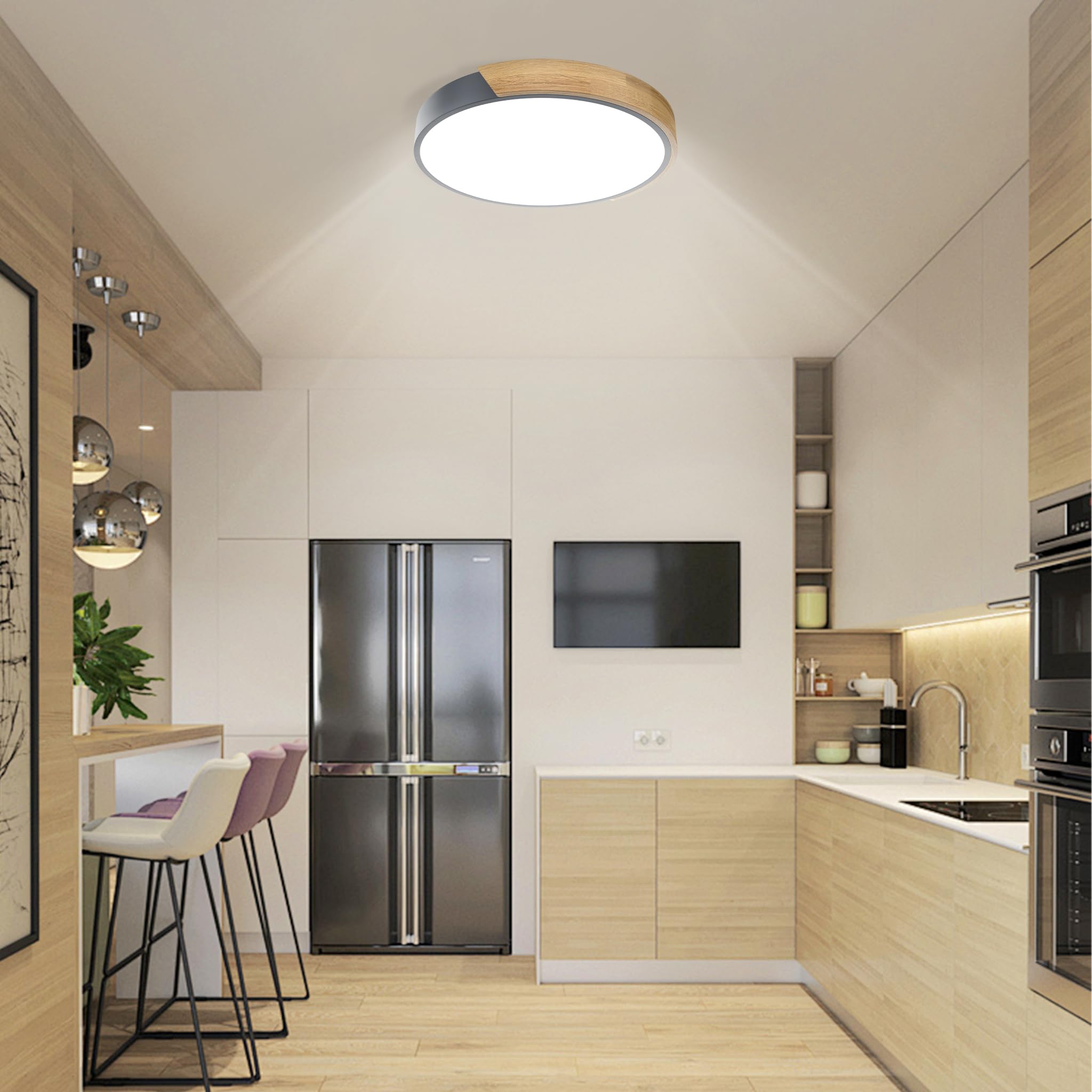 Froadp LED Deckenlampe Holz Deckenleuchte, Modern Lampe Decke Flach, Holzlampe Rund für Wohnzimmer, Schlafzimmer, Badezimmer, Küche, Flur, Kinderzimmer, Büro (96W Dimmbar, Grau)