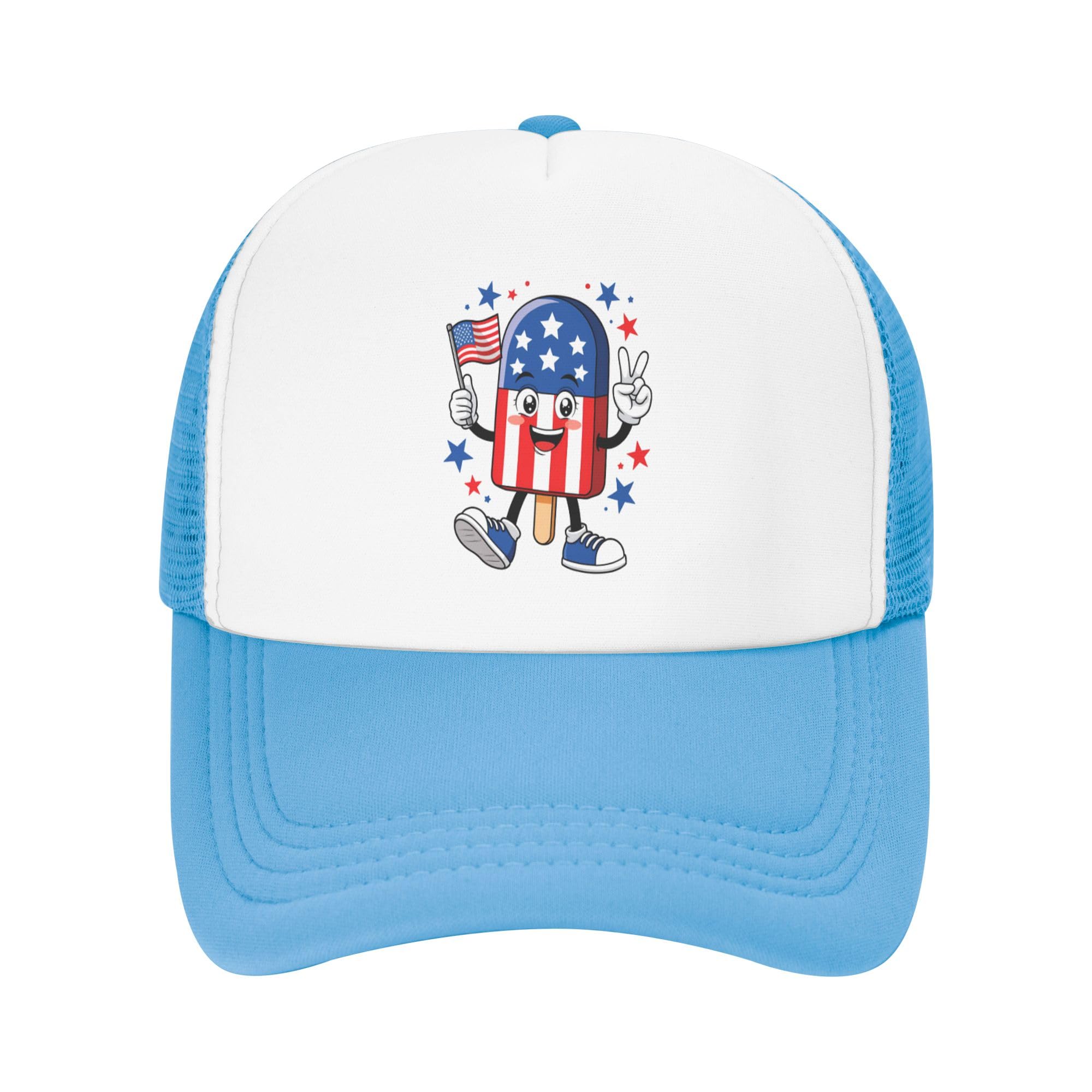 Greenchant Cool Popsicle Funny 4th of July Trucker Hat Patriotic American Kids Hats Adjustable Mesh Baseball Cap - Sky Blue