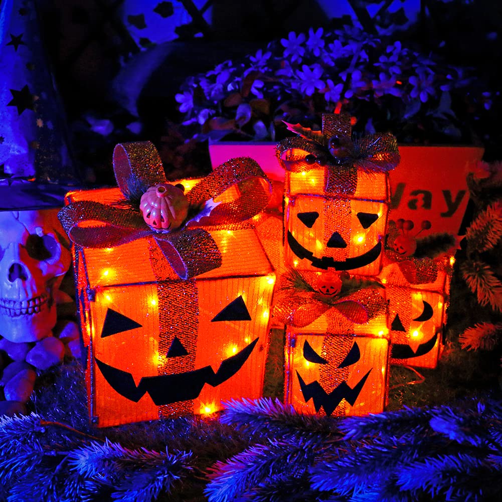 Cymwer LED Pre-light Gift Box Decorative Lights Multipurpose Pumpkin Pattern Glowing Gift Box Waterproof Battery Case Decorative Lights Adjustable Brightness for Halloween Ornament